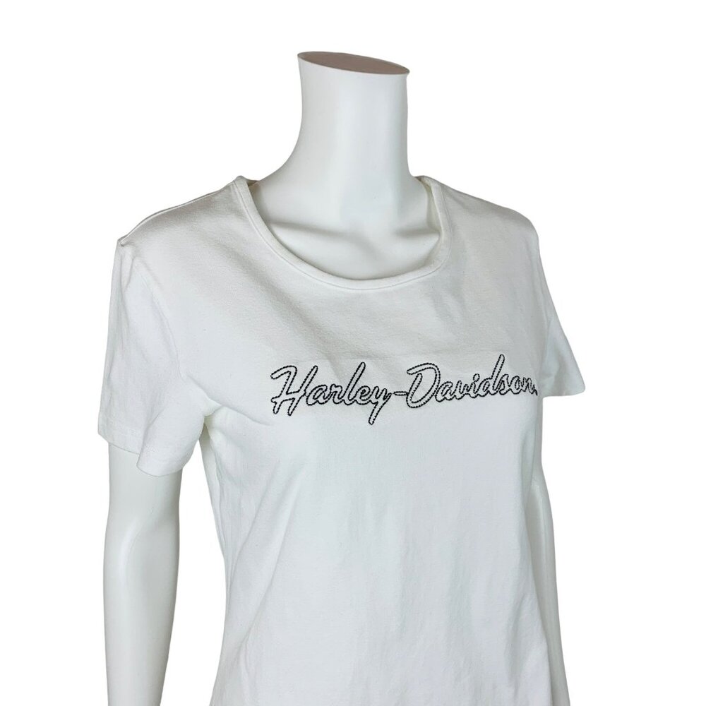 Harley Davidson White Baby Tee Womens Large Y2K Black Embroidered Logo Stretch - Picture 4 of 8